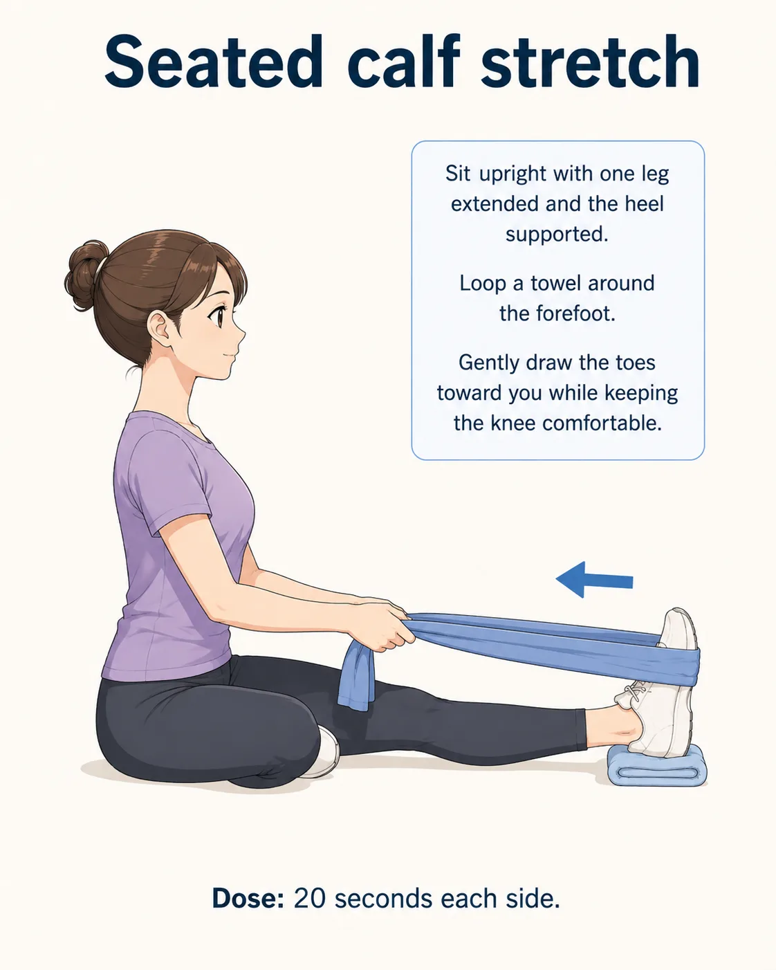Seated person using a strap for a bent-knee calf stretch