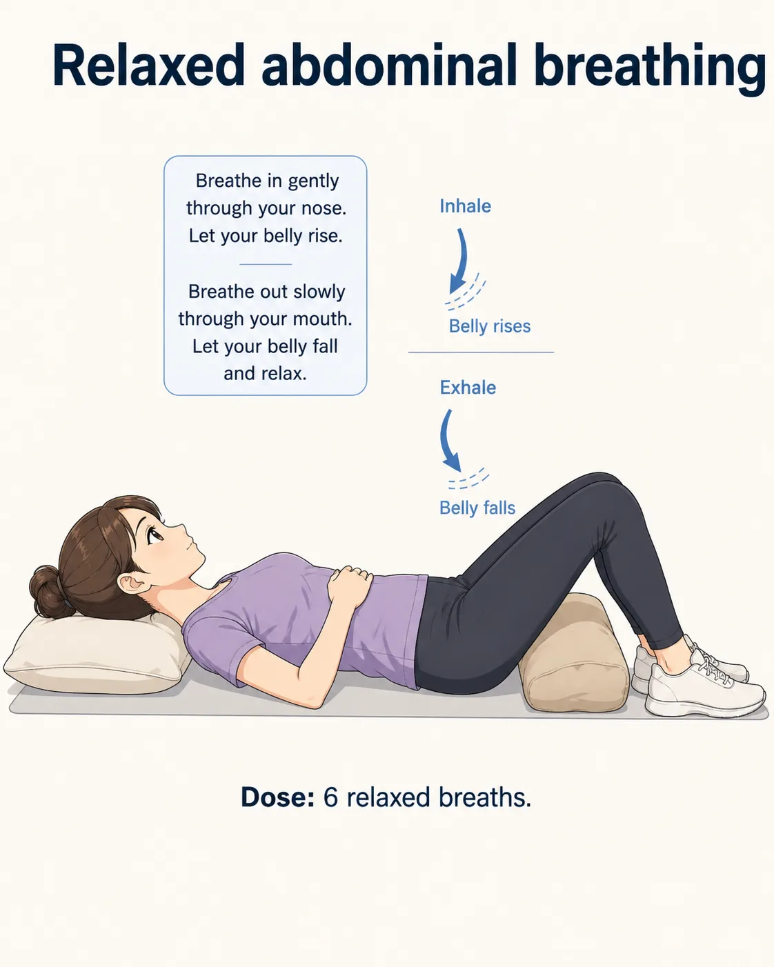 Person lying comfortably with hands positioned for relaxed abdominal breathing