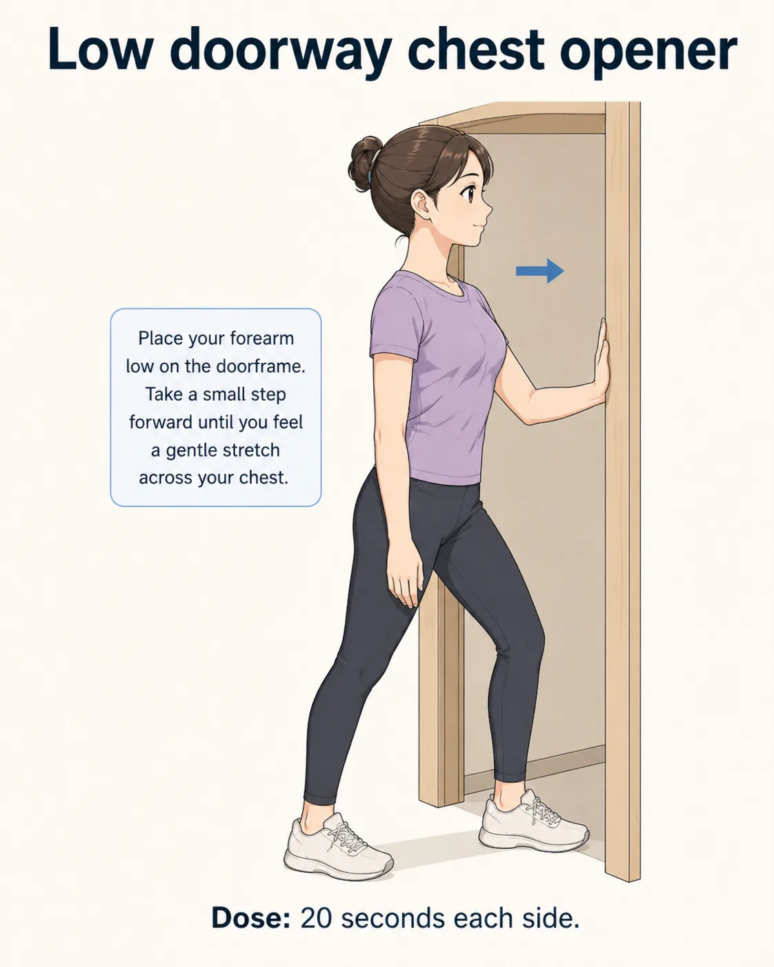 Person using a doorway for a gentle chest stretch