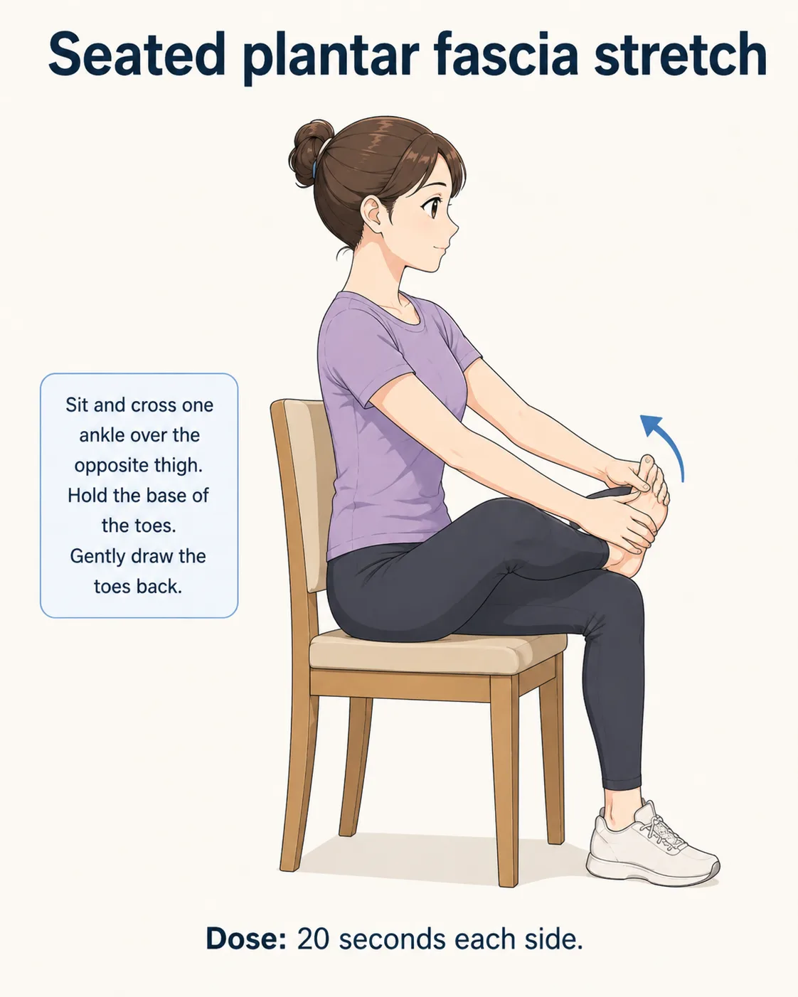 Seated person gently drawing the toes back to stretch the sole of the foot