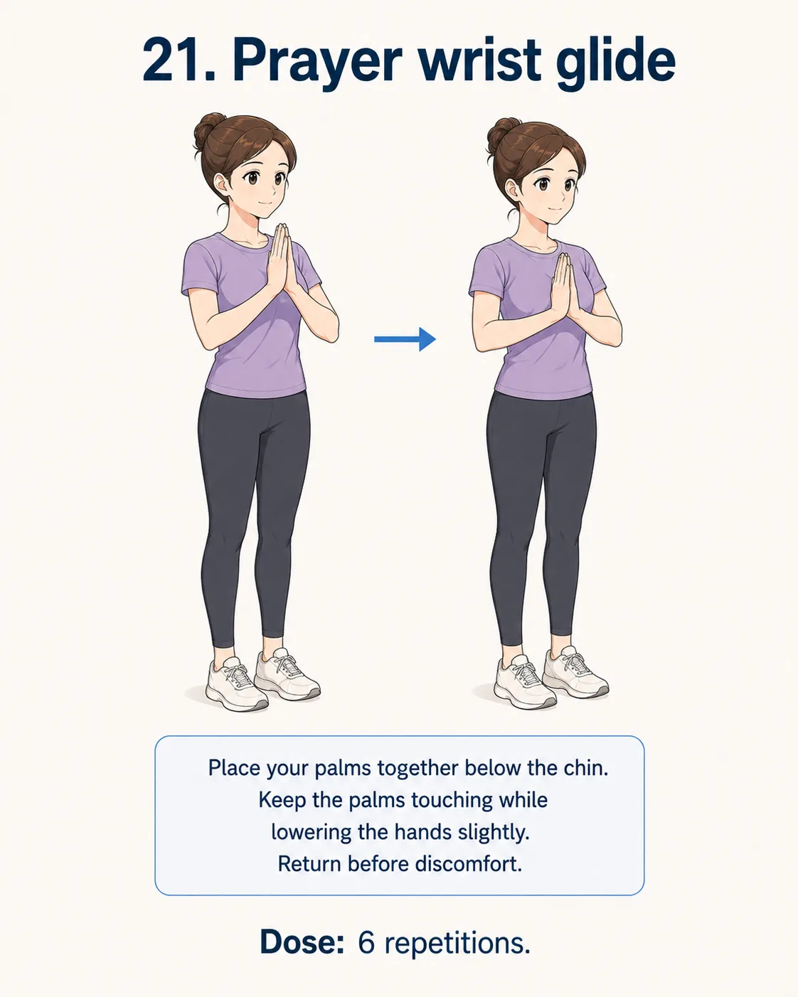 Person lowering palms together in a gentle prayer wrist glide