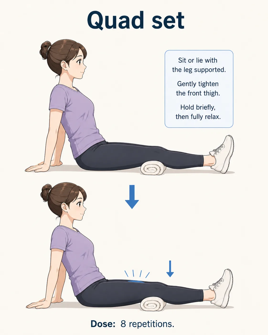 Seated person tightening the front thigh with the leg straight