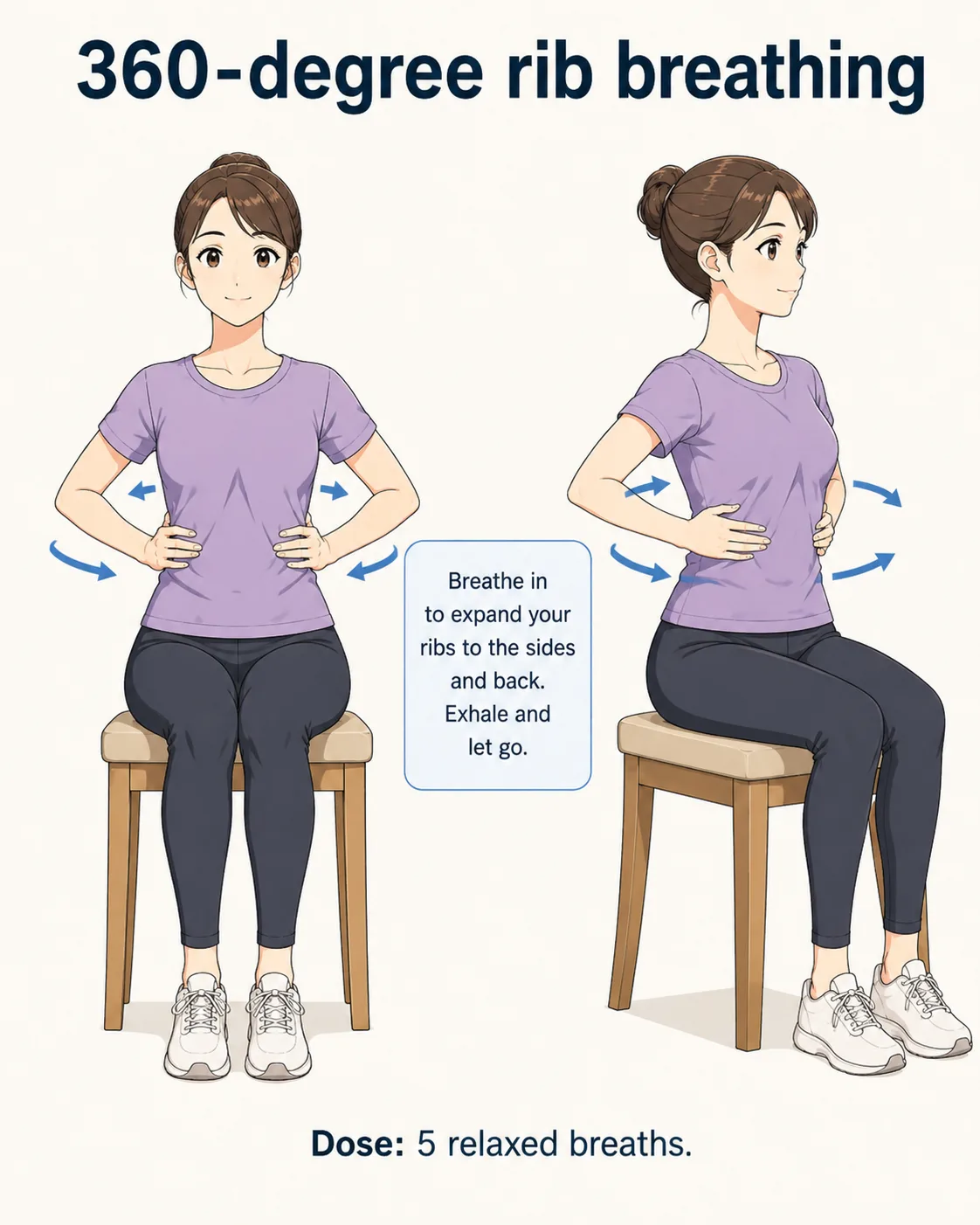 Seated person placing their hands around the lower ribs for 360-degree breathing