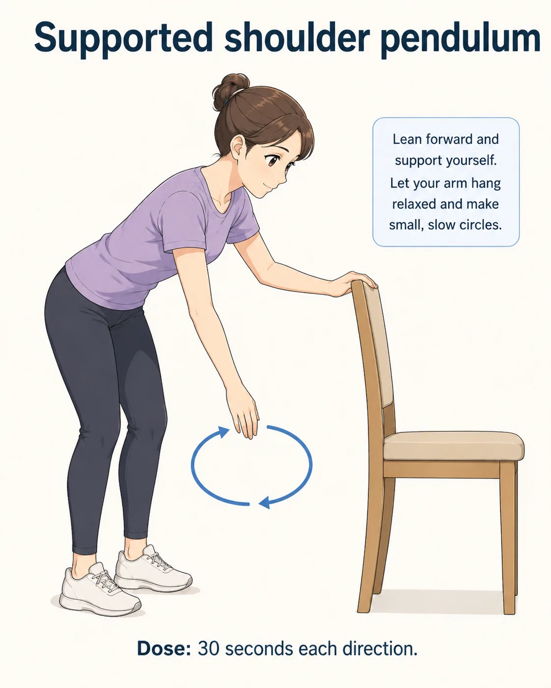 Supported standing position with one arm relaxed and hanging for a shoulder pendulum