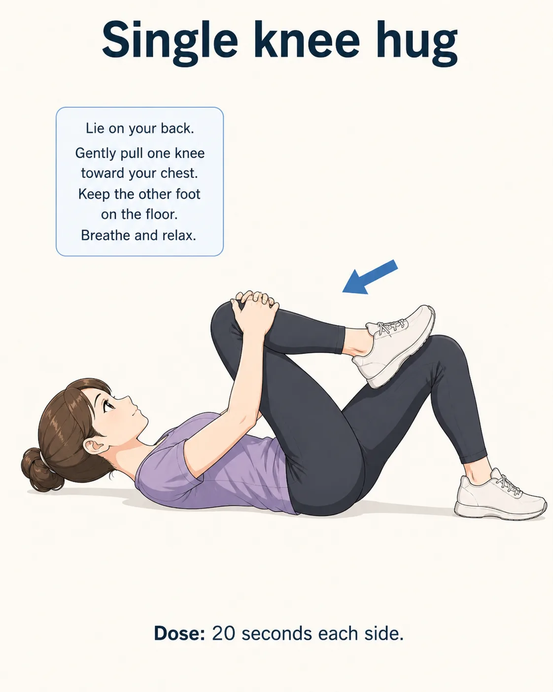 Person lying on their back and guiding one knee toward their chest