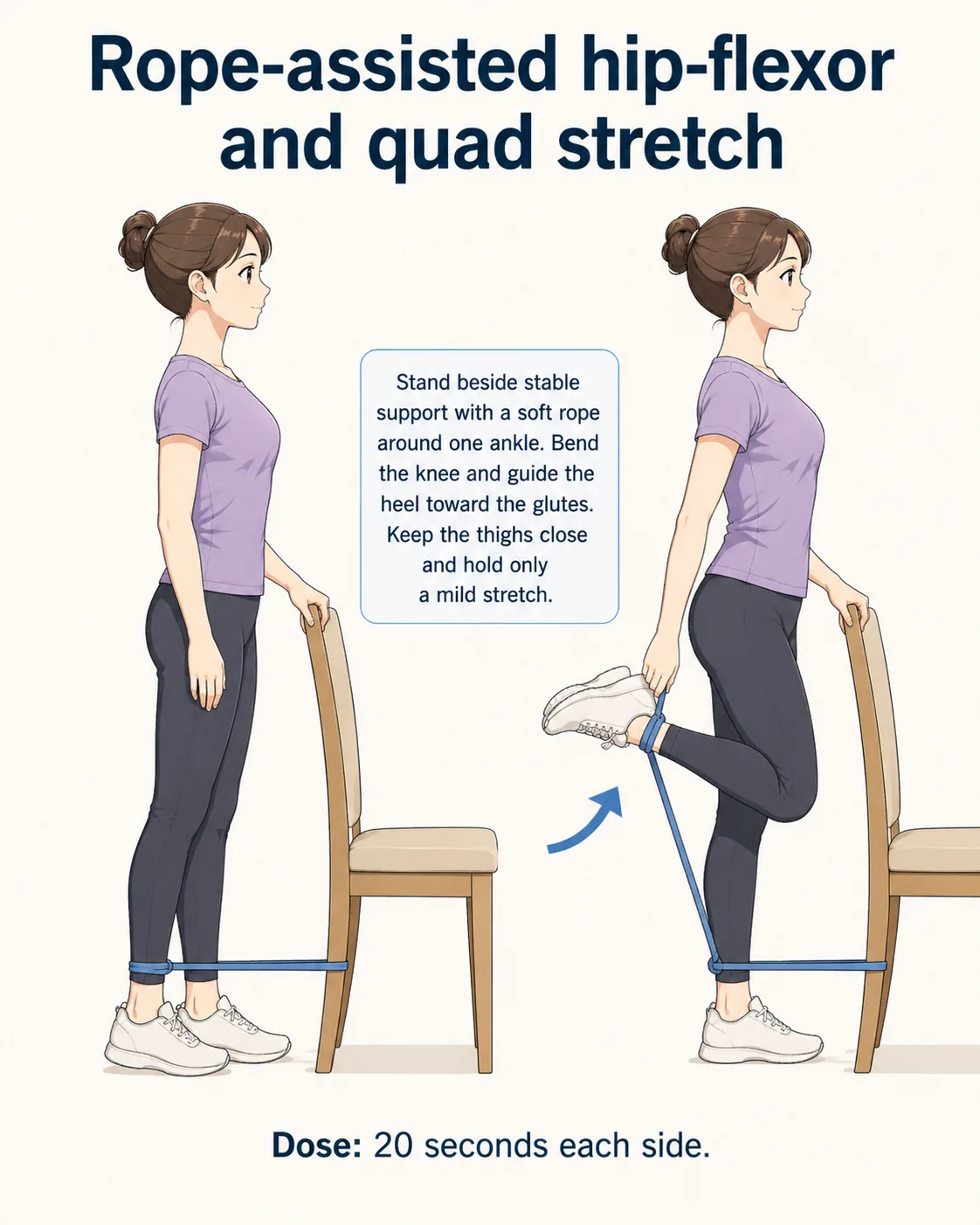 Standing person using a strap to guide one heel toward their body
